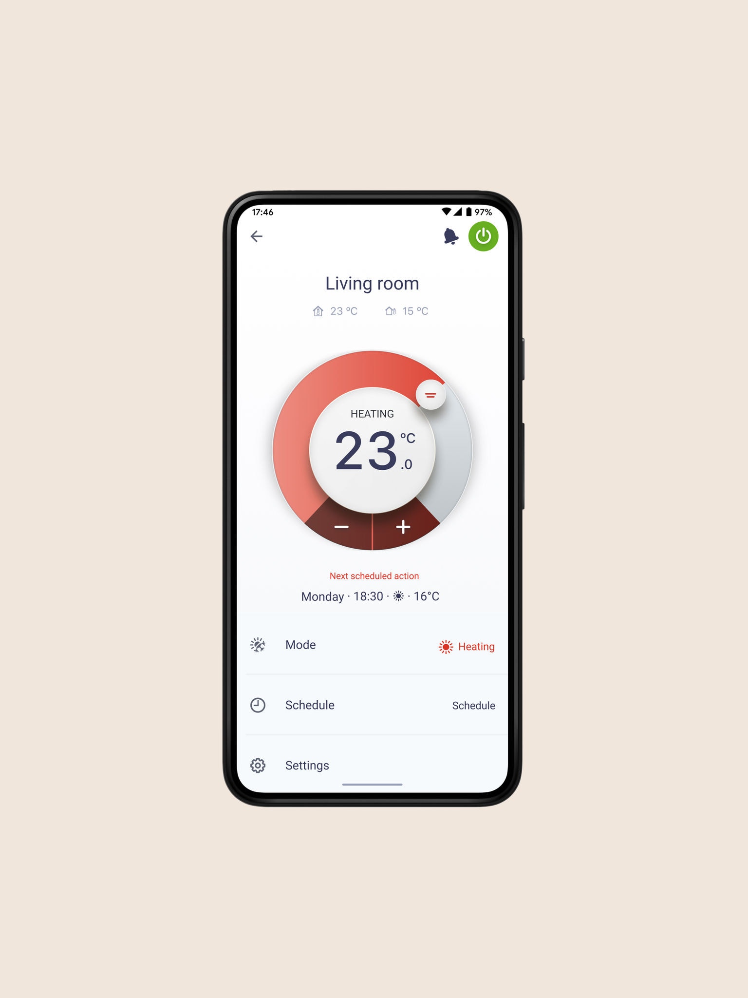 Изглед отпред на смартфон с отворено приложение Onecta на Daikin